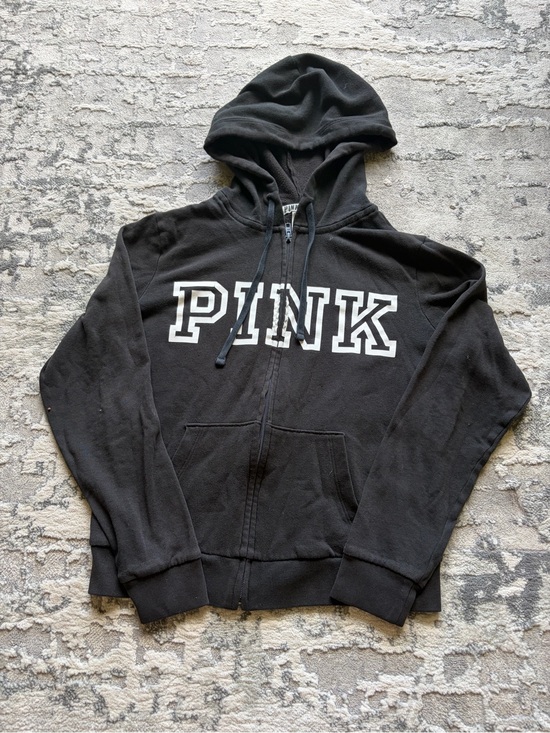 PINK Victoria's Secret Sweaters - PINK Victoria's Secret Black Zip-Up Hoodie with White Logo
